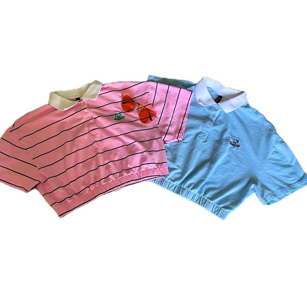 Divided Pink Striped & Light Blue Cropped Polo Tops